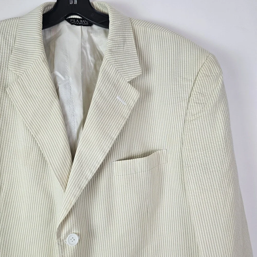 Jos A Bank Seersucker Stays Cool Beige Striped Sport Blazer Jacket Mens 46L